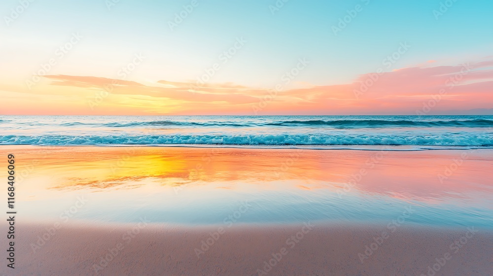 Serene sunset reflecting on calm ocean waves at sandy beach. Serene sunset reflecting on calm ocean waves at sandy beach.