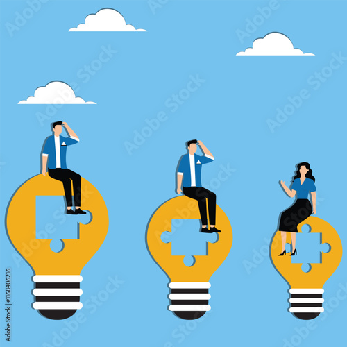 Lack of ideas, missing creativity and ideas, inability to come up with new ideas or solutions, businessmen and businessmen sitting in contemplation on light bulbs that lack puzzle pieces