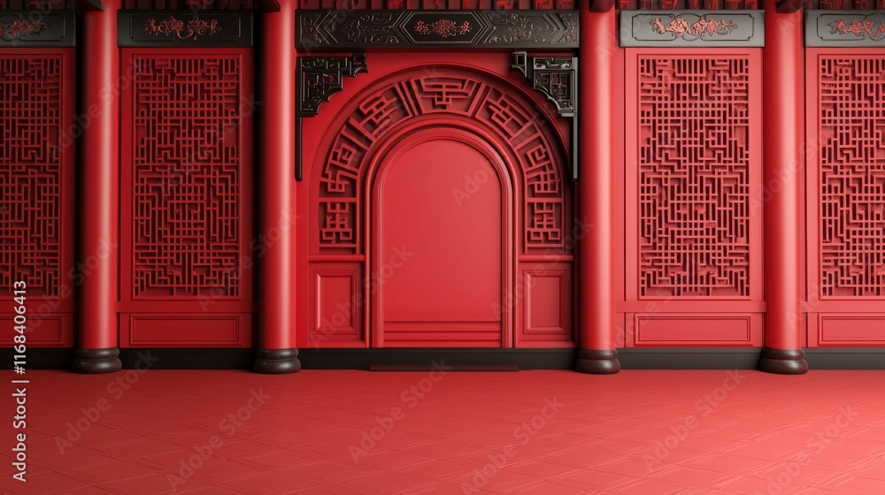 Fototapeta premium A vibrant red interior featuring intricate designs and a traditional archway, showcasing cultural architectural beauty.