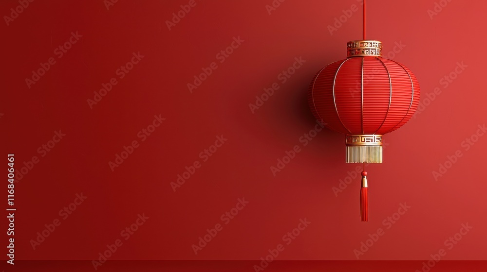 Fototapeta premium A vibrant red lantern hanging against a matching red wall, symbolizing celebration and tradition in cultural events.