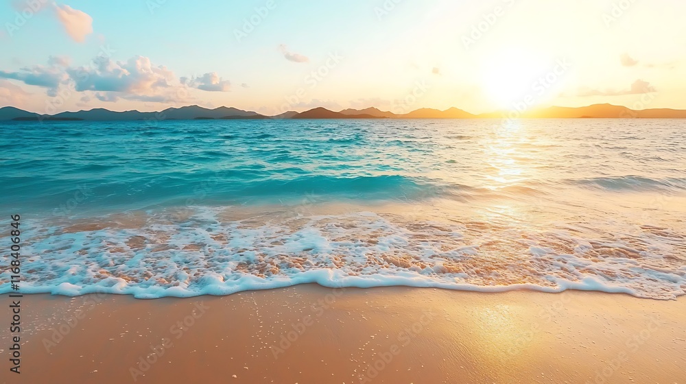 Idyllic sunset over tranquil ocean beach. Idyllic sunset over tranquil ocean beach.