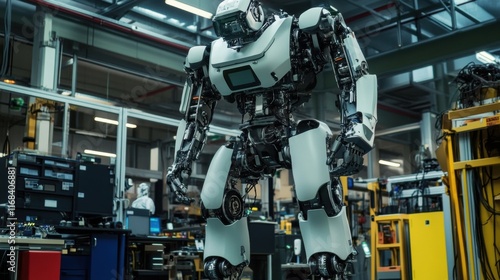 A humanoid robot standing in a factory, performing precision assembly tasks with advanced tools photo