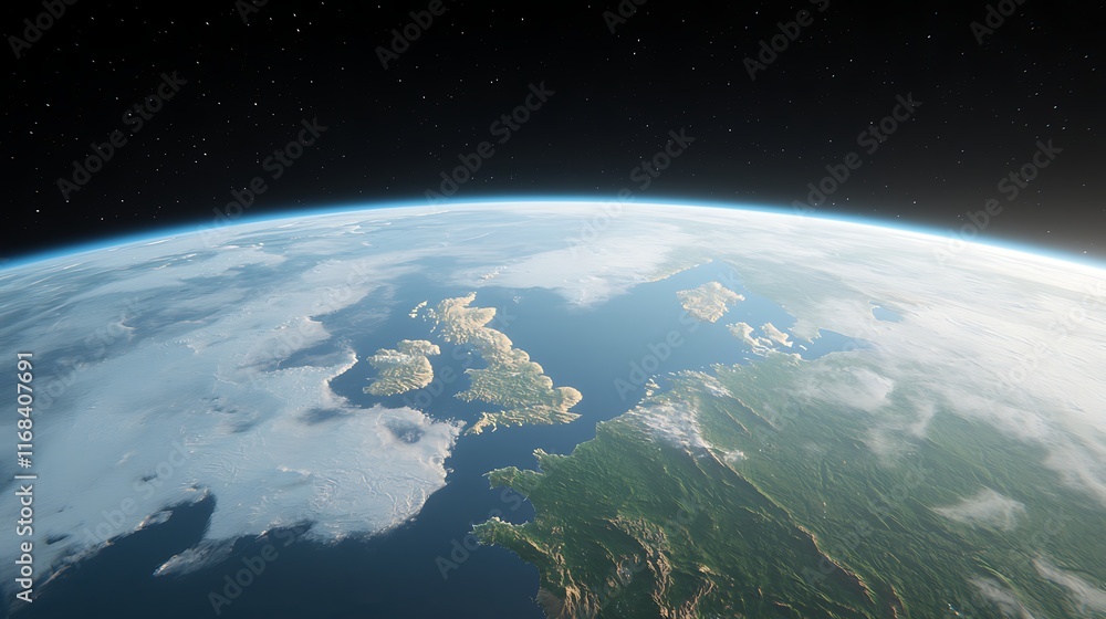 Aerial view of British Isles from space, showing land, sea, and clouds. Aerial view of British Isles from space, showing land, sea, and clouds.
