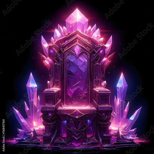 Crystal throne, fantasy, dark, purple, glowing, majestic, power, regal. photo