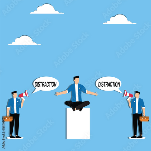 Keeping self and peace in the midst of the hustle and bustle, avoiding noise or distractions, state of meditation, positive attitude, businessman cross-legged keeping self quiet in the midst of the no