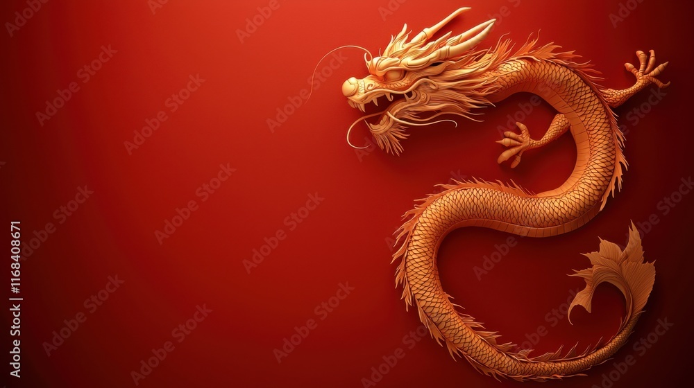 Obraz premium An artistic representation of a golden dragon on a red background, symbolizing strength and good fortune in Asian culture.