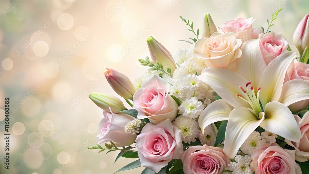Elegant floral design with soft pink roses and white lilies on a pastel background Elegant floral design with soft pink roses and white lilies on a pastel background