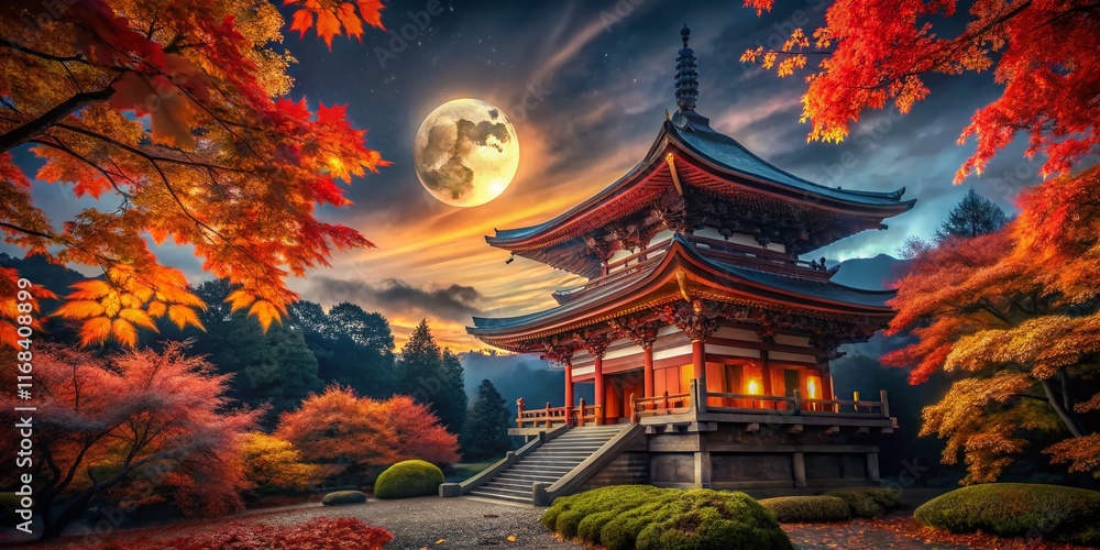 Obraz premium Autumn Night Temple: Red Leaves Illuminated in Darkness