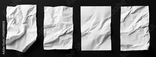 Four crumpled white papers on black background. (14)