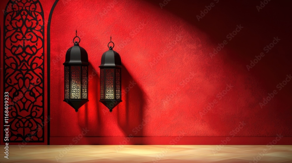 Beautifully designed lanterns cast shadows on a vibrant red wall, creating a warm and inviting atmosphere. Beautifully designed lanterns cast shadows on a vibrant red wall, creating a warm and inviting atmosphere.