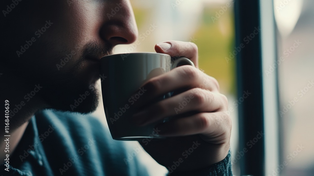 Handsome man holding a coffee cup near window Handsome man holding a coffee cup near window