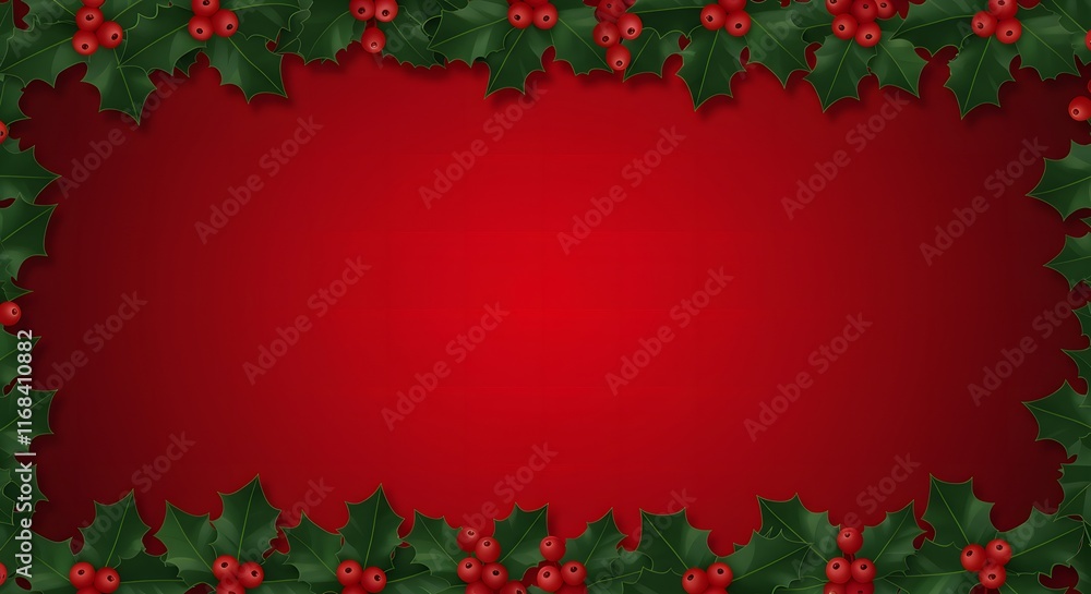 A festive border of holly leaves and berries on a red gradient background A festive border of holly leaves and berries on a red gradient background