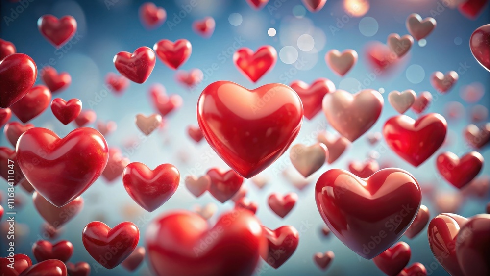 A group of hearts floating in the air, each one representing different emotions such as joy, sadness, and excitement A group of hearts floating in the air, each one representing different emotions such as joy, sadness, and excitement
