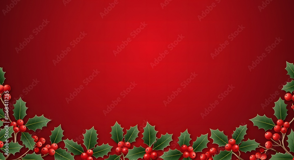 A festive border of holly leaves and berries on a red gradient background A festive border of holly leaves and berries on a red gradient background