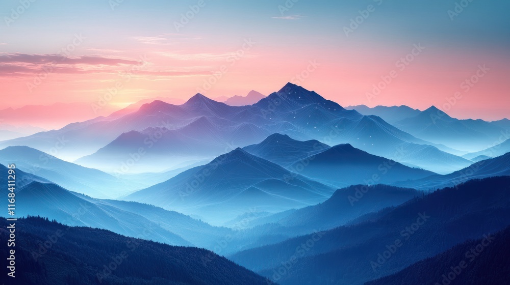 Obraz premium Mountain Landscape Financial Charts with Sunrise and Graphs in Pastel Skies