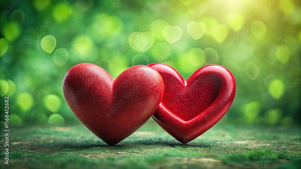 Obraz premium Two red hearts entwined, forming a perfect pair, symbolizing unity and love, nestled in a lush greenery background