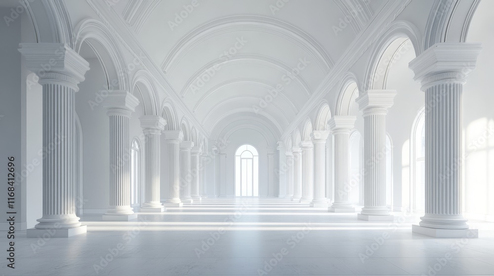 Naklejka premium Sunlit classical hall with white columns and arched ceilings.