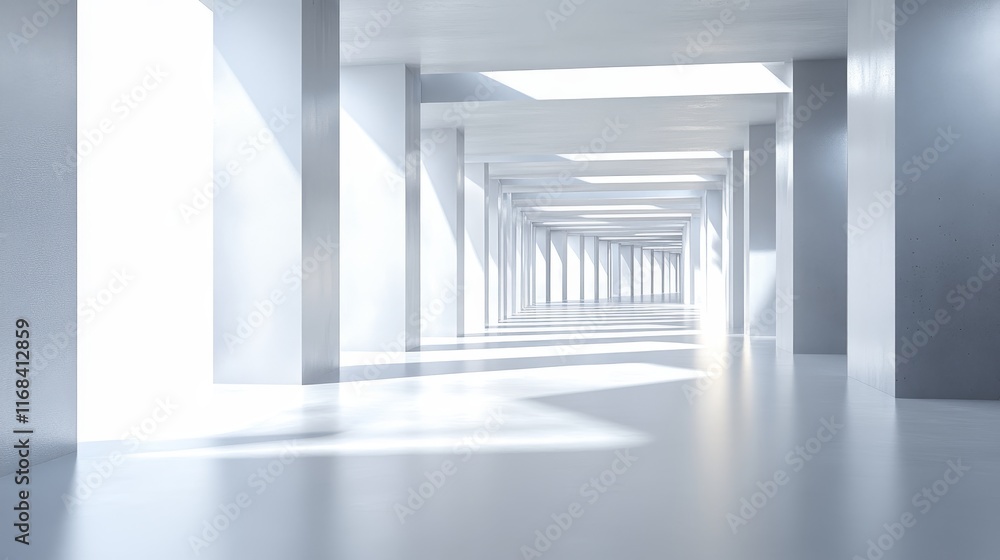 Bright, minimalist white hallway with columns and sunlight. Bright, minimalist white hallway with columns and sunlight.