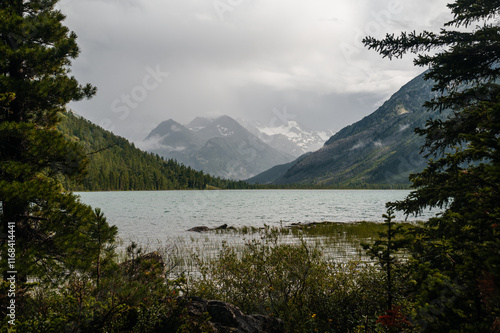 mountain Multinskoe lake in the Altai mountains in summer in cloudy weather photo