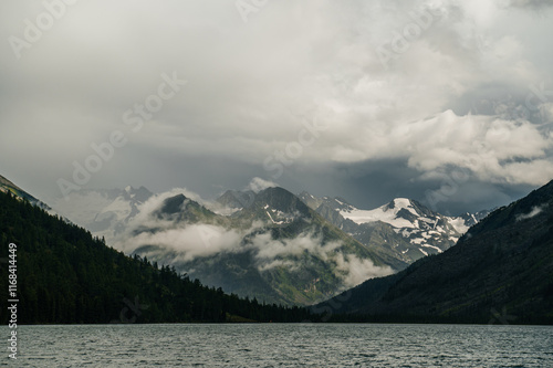 mountain Multinskoe lake in the Altai mountains in summer in cloudy weather photo