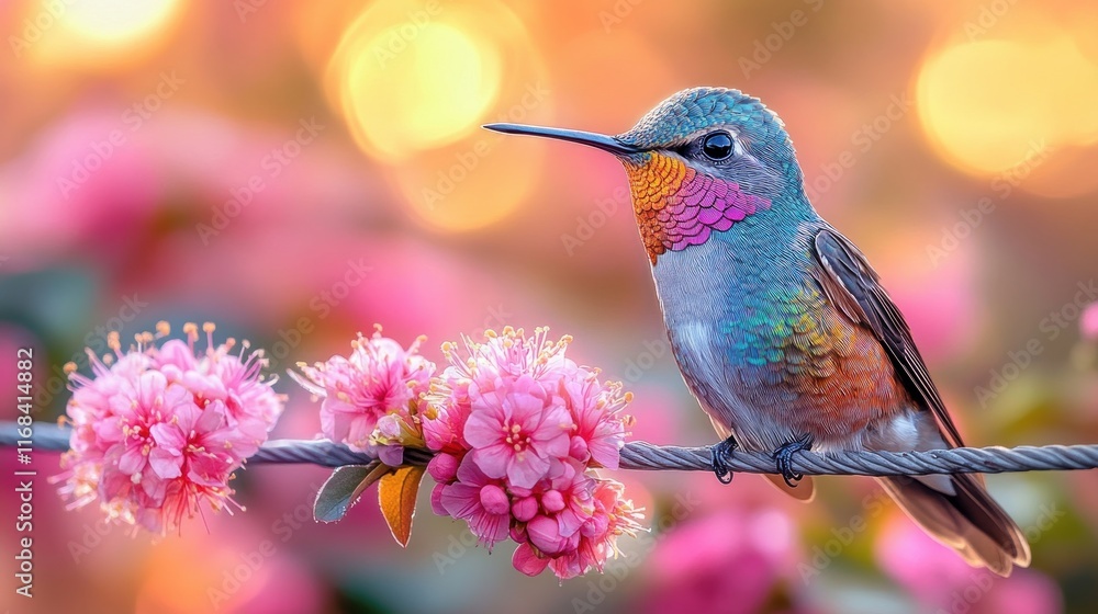 Fototapeta premium Vibrant Hummingbird Perched on Wire Among Colorful Flowers in Sunlight