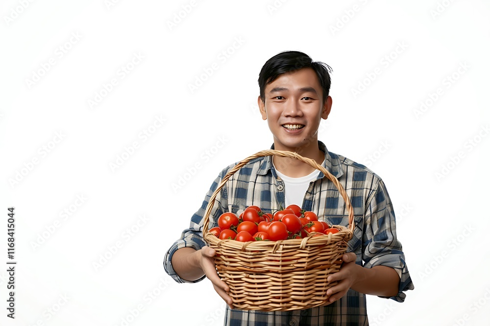Young Man Smiling While Holding Basket of Fresh Red Tomatoes Young Man Smiling While Holding Basket of Fresh Red Tomatoes