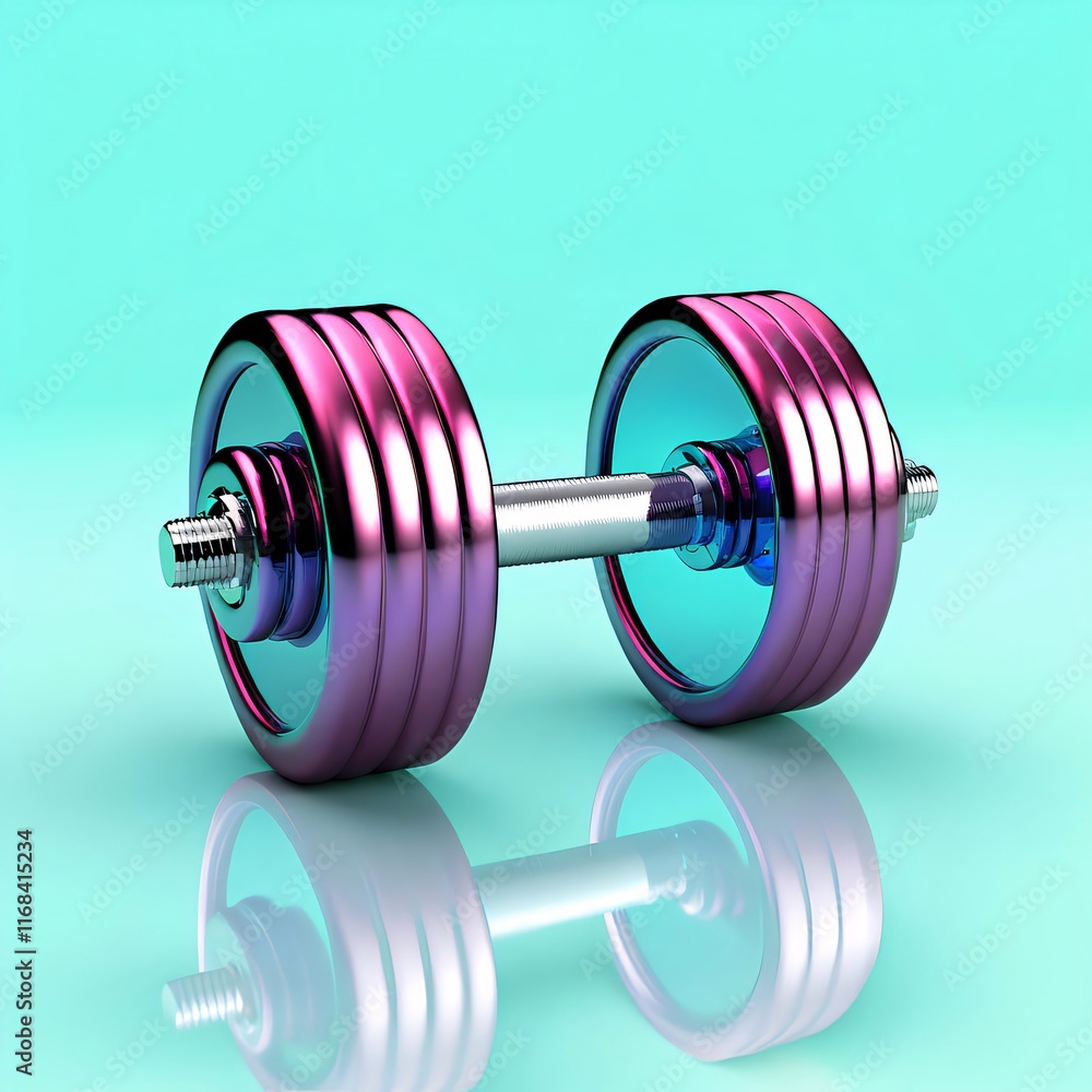 Shiny metallic pink and blue dumbbell on reflective surface. Shiny metallic pink and blue dumbbell on reflective surface.