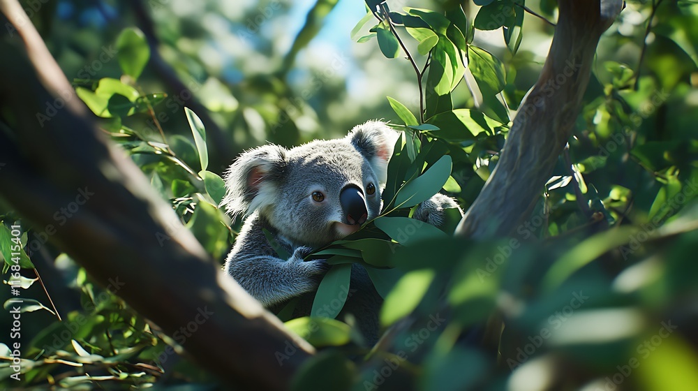 Fototapeta premium Adorable Koala Enjoying Eucalyptus Leaves in its Natural Habitat