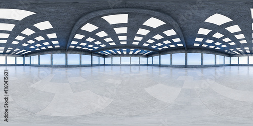 Full seamless spherical hdri panorama 360 degrees in the interior of a futuristic garage, warehouse, corridor. Wide hangar, exhibition hall, 360 panorama. Car garage. 3d render.