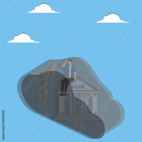 Banking Crisis, Financial Crisis or Debt Insolvency Problems, Credit Problems and Risks, Distressed Businessman Sitting on a Bank Shrouded in Dark Clouds and Lightning