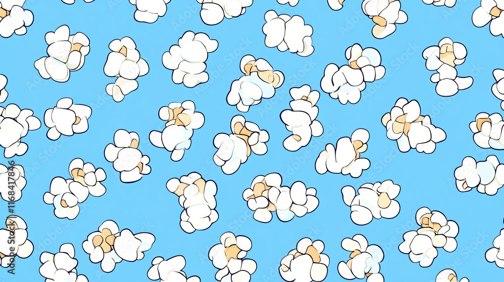 A playful pattern of fluffy popcorn pieces against a bright blue background, creating a fun and whimsical atmosphere. A playful pattern of fluffy popcorn pieces against a bright blue background, creating a fun and whimsical atmosphere.