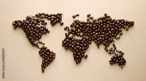 The image depicts a world map creatively formed using dark coffee beans, symbolizing the global coffee culture.