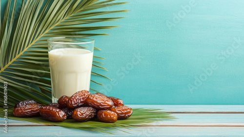 A refreshing glass of milk sits beside dates on a wooden surface, accented by lush green palm leaves against a turquoise background. photo