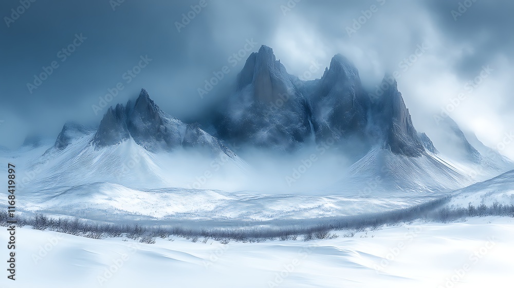 custom made wallpaper toronto digitalDramatic snowy mountainscape with windswept peaks and fog.