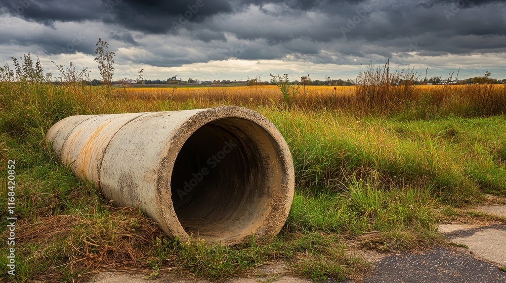 Abandoned Concrete Pipe in Rural Landscape Abandoned Concrete Pipe in Rural Landscape