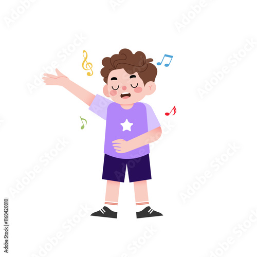 Happy Boy Singing Musical Notes Cartoon Illustration Child Singing Joyful Kid Purple Shirt Kids