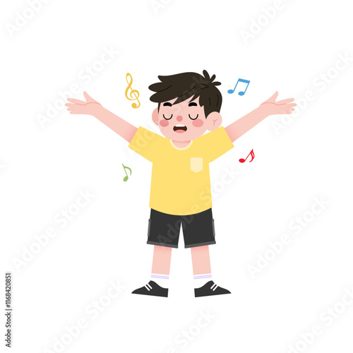 Happy Boy Singing Cartoon Illustration Musical Notes Child Singing Cute Kid Yellow Shirt Music