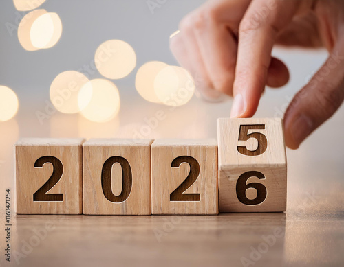 New Year Goals 2026. Flipping numbers 2025 to 2026 on a wooden block cube on a light bokeh