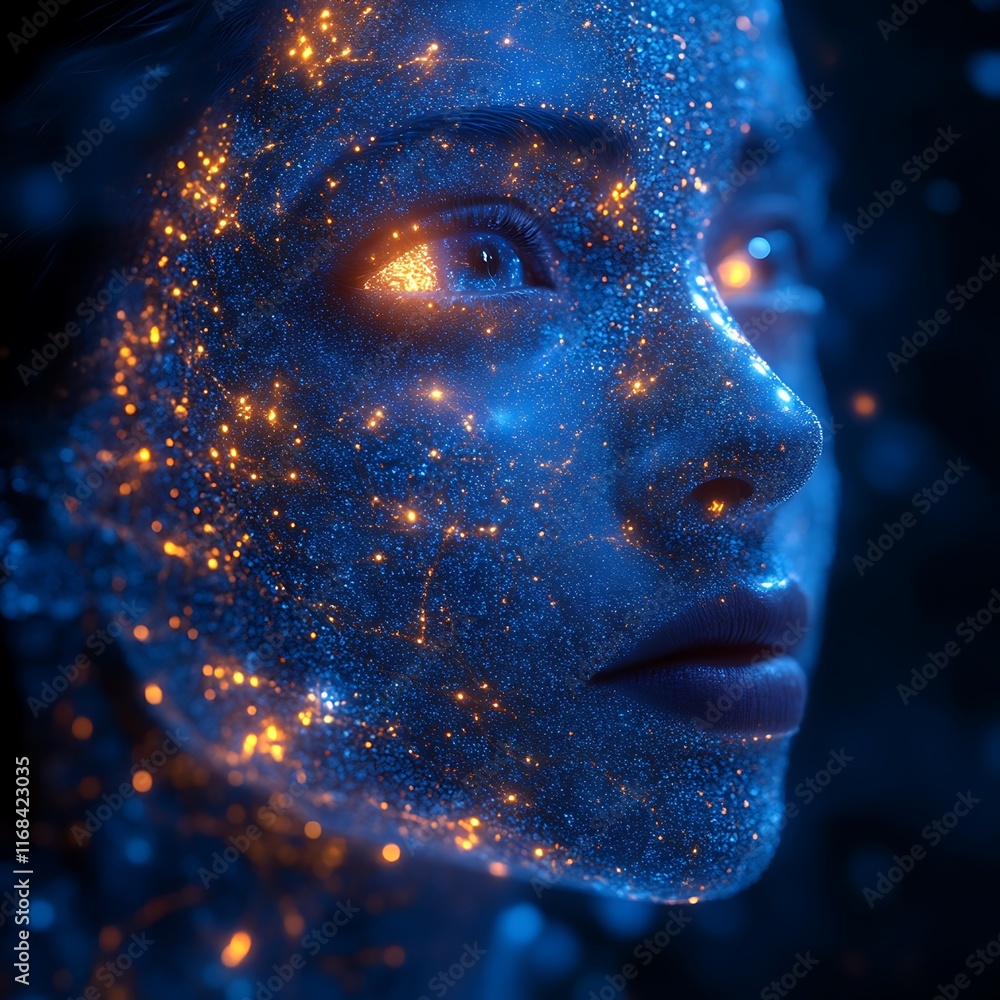 Glowing woman's face, futuristic digital art. Glowing woman's face, futuristic digital art.