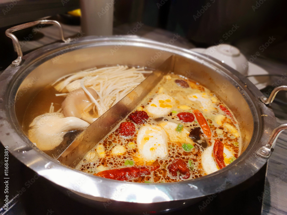 Delicious spicy hot pot, enjoyment eating at a restaurant, Chinese and Japanese hot soup beef meat and pork sliced in plate, meat dipping, traditional food stock photo Delicious spicy hot pot, enjoyment eating at a restaurant, Chinese and Japanese hot soup beef meat and pork sliced in plate, meat dipping, traditional food stock photo