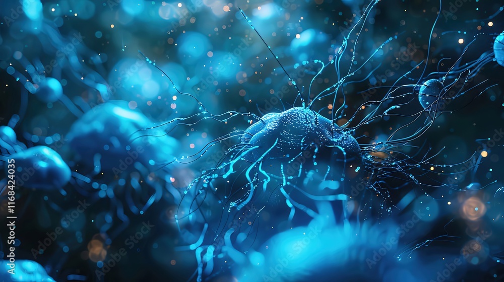 Microscopic view of vibrant blue cells with glowing tendrils. Microscopic view of vibrant blue cells with glowing tendrils.