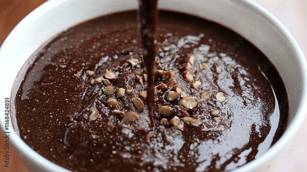 Thick chocolate batter with sprinkled nuts in a bowl. Thick chocolate batter with sprinkled nuts in a bowl.