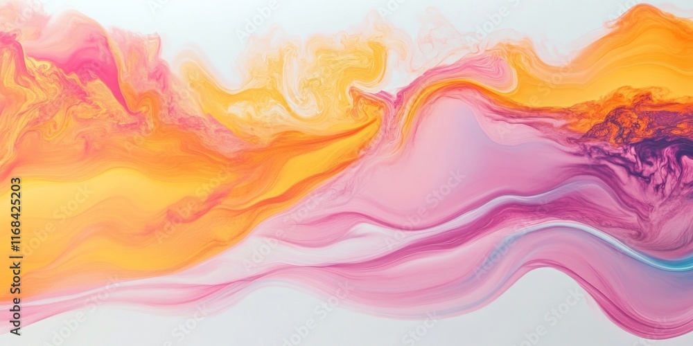 Abstract fluid art painting with pink, orange, and yellow colors swirling in waves. Abstract fluid art painting with pink, orange, and yellow colors swirling in waves.