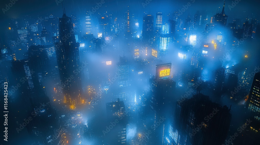 Obraz premium Aerial View of a Futuristic Cityscape at Night with Neon Lights and Dense Fog Creating an Enigmatic Atmosphere Over Tall Skyscrapers and Urban Architecture