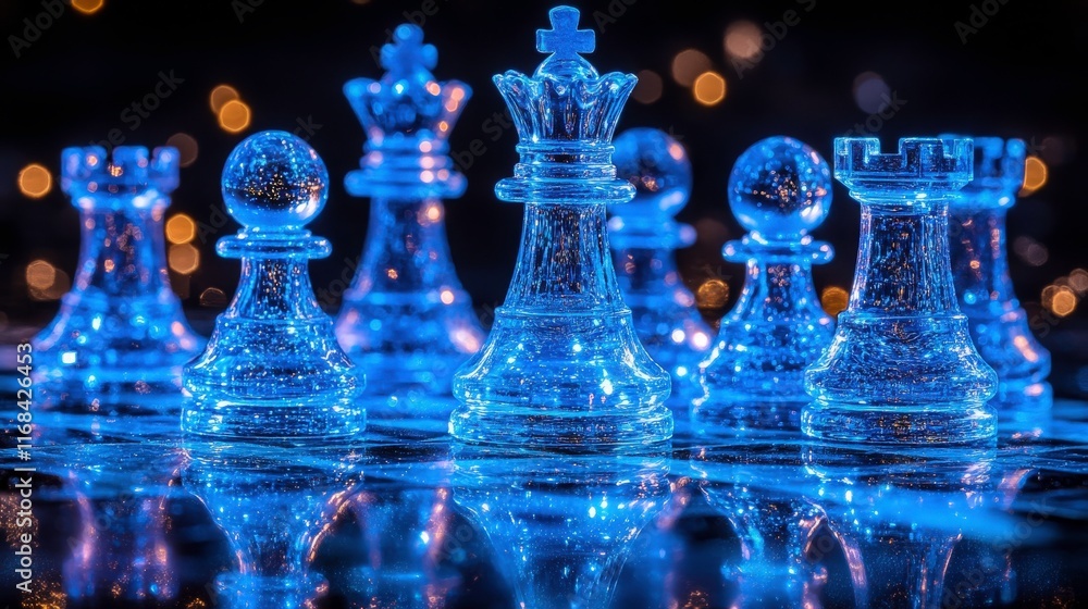 Glowing Glass Chess Pieces on a Reflective Surface with a Bokeh Background of Sparkling Lights Creating an Enchanting and Elegant Atmosphere for Strategic Play Glowing Glass Chess Pieces on a Reflective Surface with a Bokeh Background of Sparkling Lights Creating an Enchanting and Elegant Atmosphere for Strategic Play