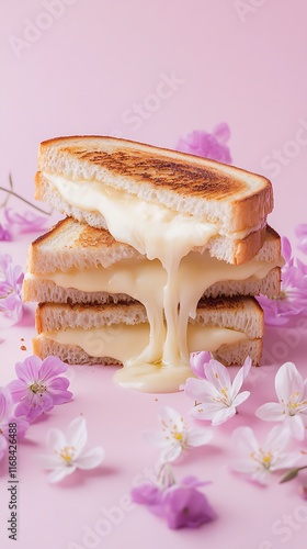 A warm grilled cheese sandwich with cheese stretching as itâ€™s pulled apart, surrounded by soft spring flowers, isolated on a light lilac background with room for captions.