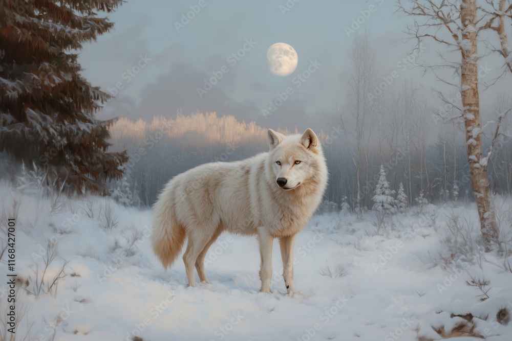 Obraz premium Majestic white wolf standing in a snowy forest under the moonlight during a serene evening