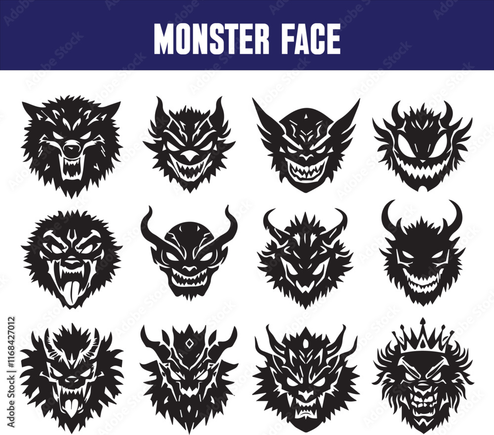 Obraz premium Cartoon monsters faces set. Vector collection of four Halloween monster character square avatars with different face expressions. Grim reaper, zombie, vampire and alien creature. Isolated 