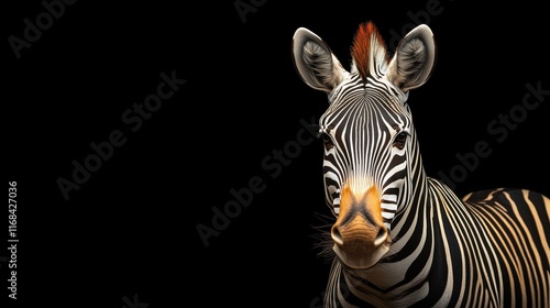 Close-up portrait of a zebra with striking stripes against a black background