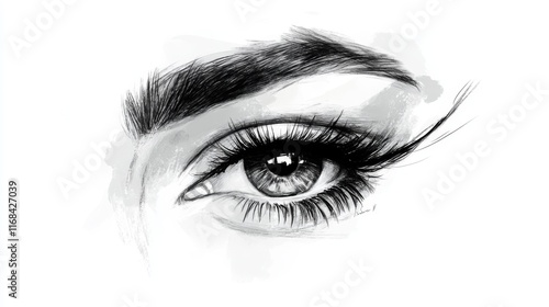 Sketch of a luxurious woman's eye with defined lashes and brows. Idea for salons and beauty branding. photo